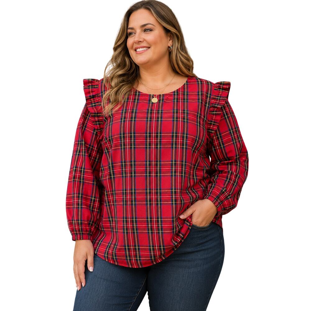J. Crew XXL red peasant ruffle trim tartan Christmas plaid career holiday casual